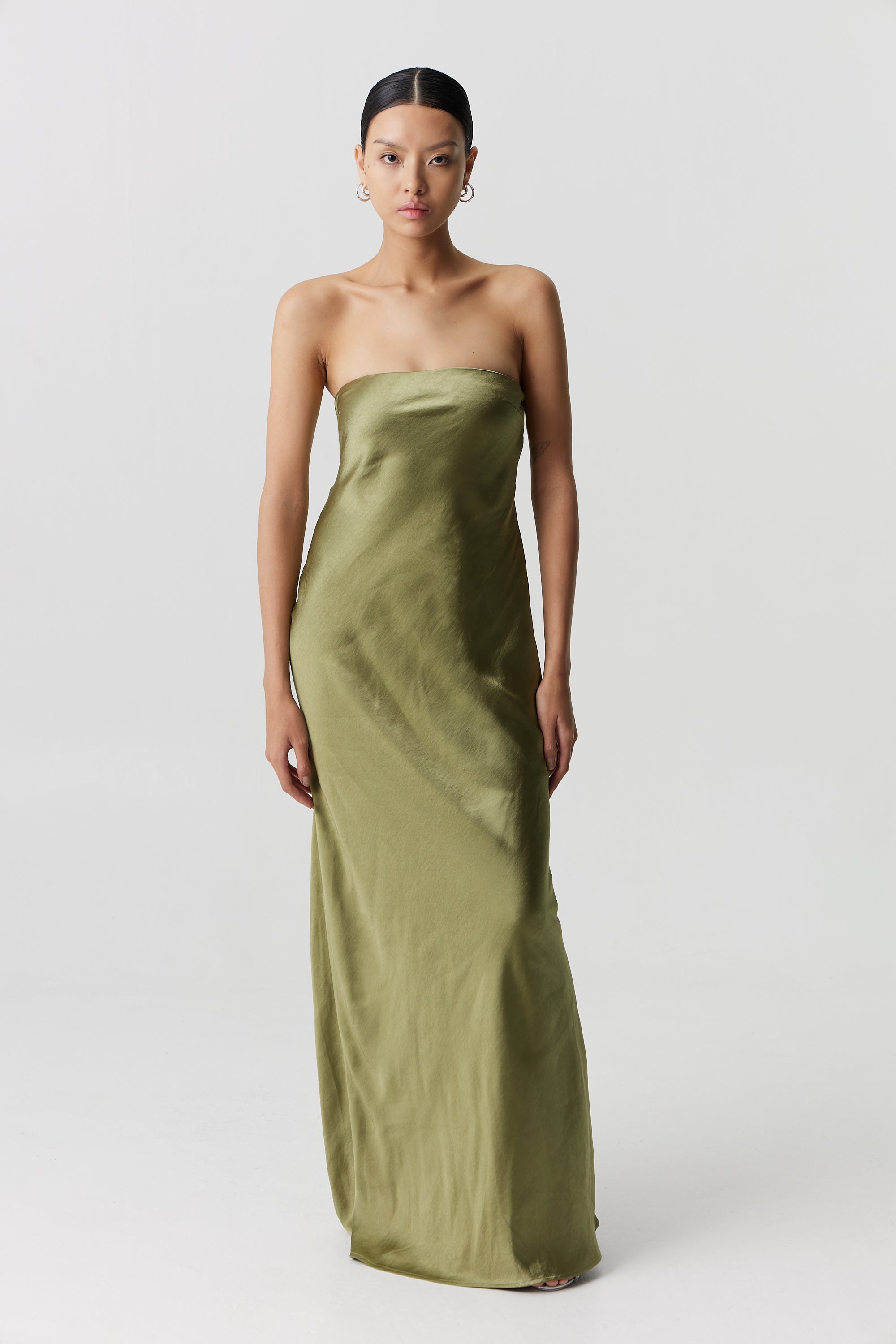 Third Form Satin Tie Back Strapless Maxi - Olive | Garmentory Third Form Satin Tie Back Strapless Maxi - Olive | Garmentory