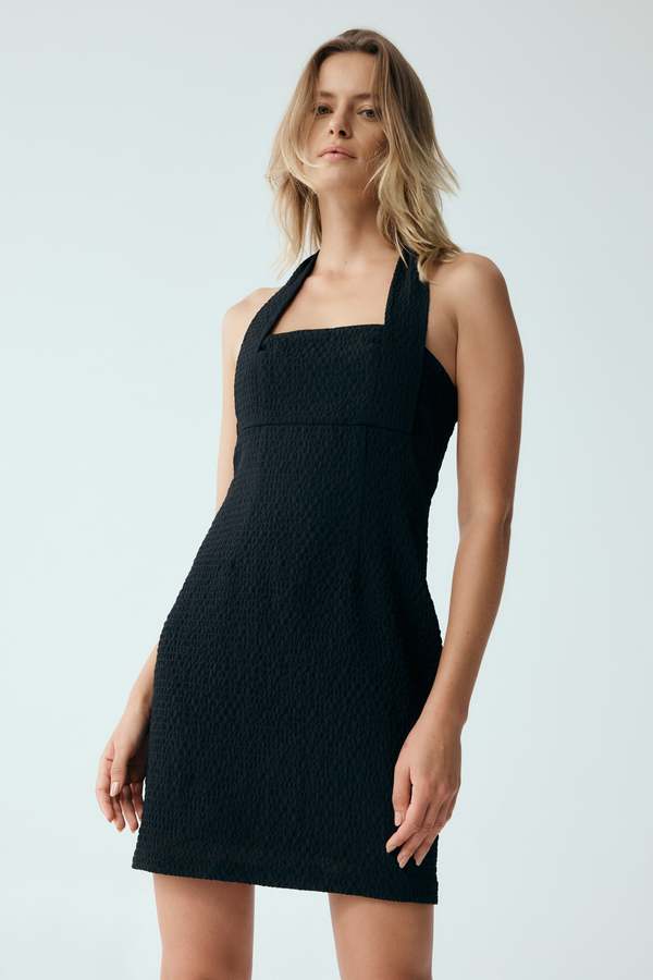black dress mini with sleeves Black Cowl Halter Neck Mini Dress | Dresses main image 0