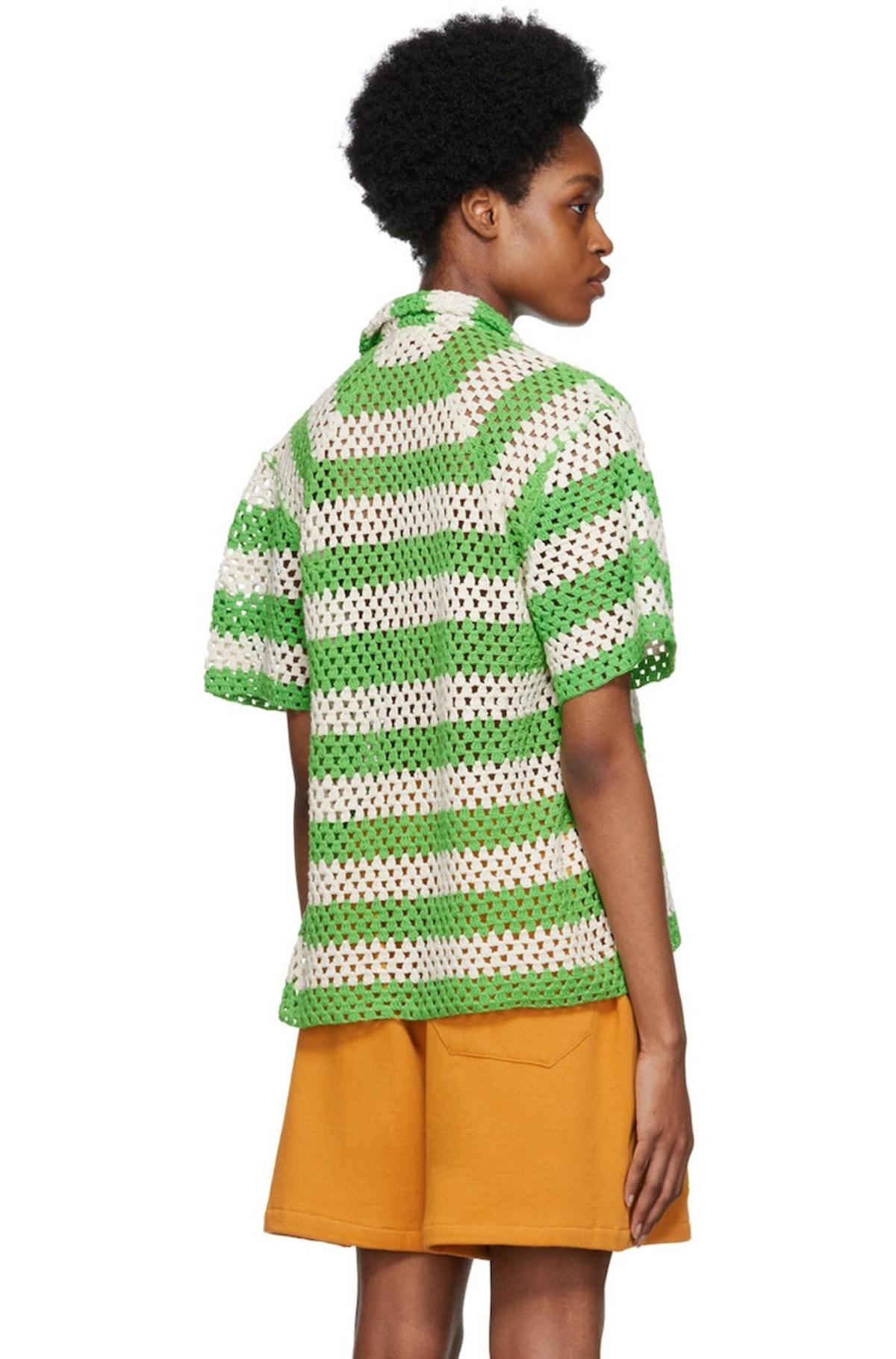 Bode Green & Off-White Crochet Shirt | Garmentory