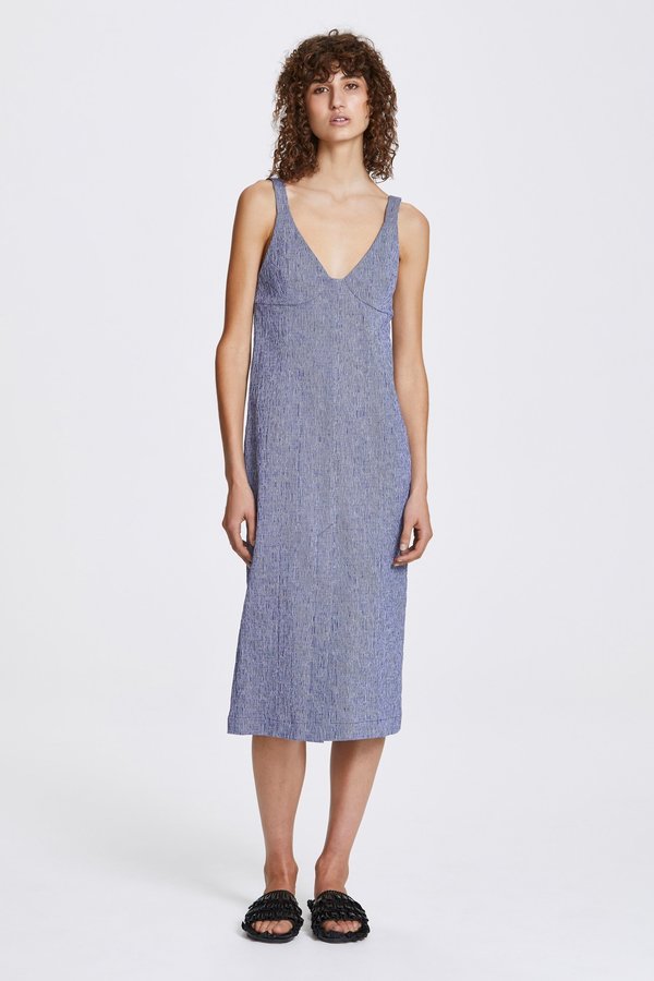 Her Line Double Vent Slip Dress - Textured Cotton Stripe - Blue and White |  Garmentory