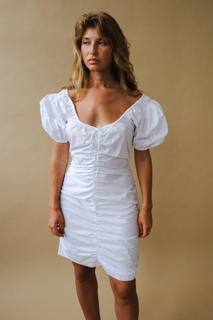 Ganni COTTON POPLIN GATHERED U NECK MINI DRESS - BRIGHT