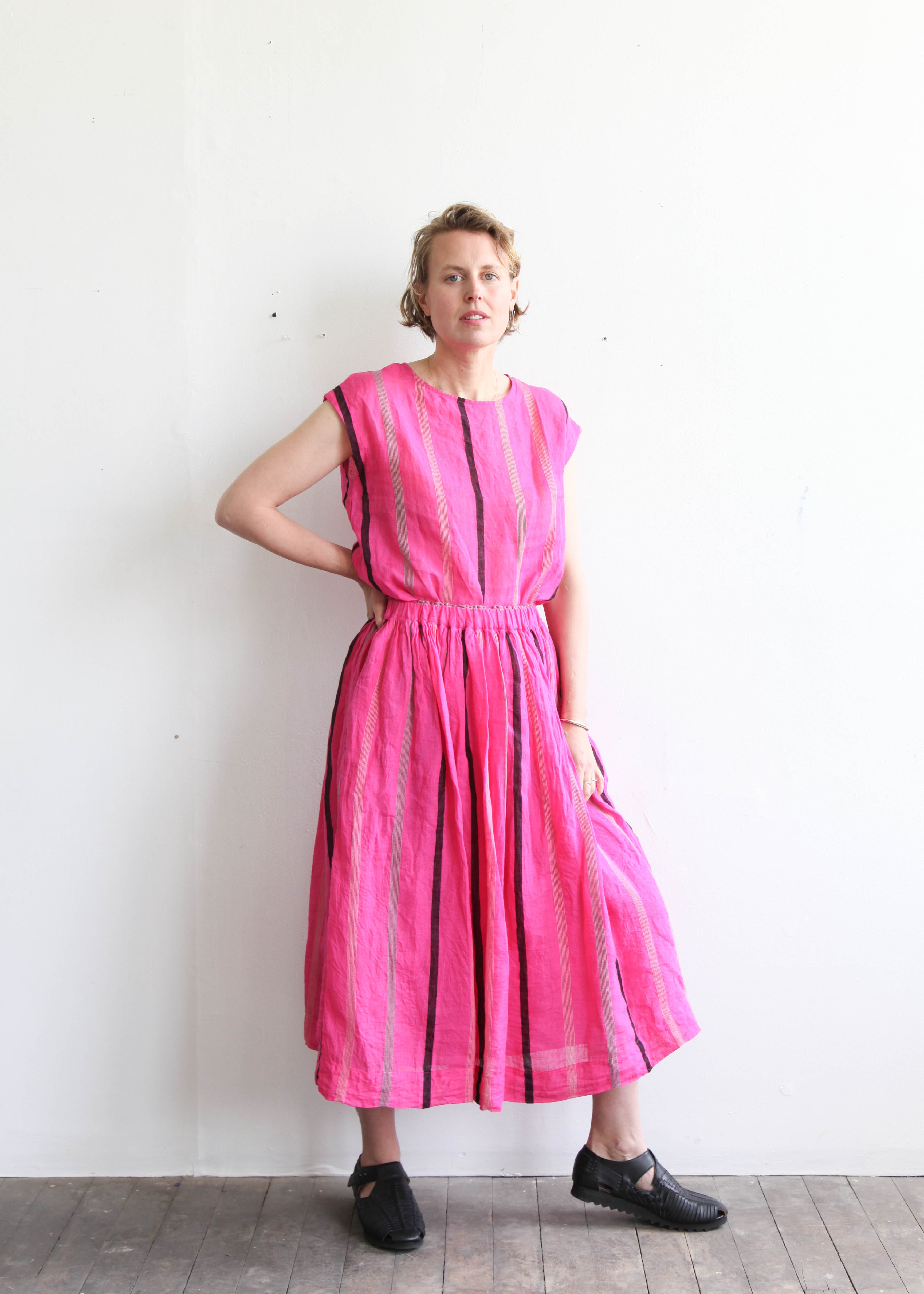 ICHI ANTIQUITES Dobby Stripe Linen Skirt - Pink | Garmentory