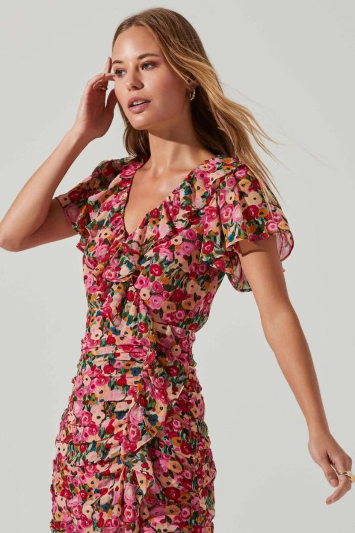 vilma floral ruched midi dress Vilma Floral Ruched Midi Dress | Red Multi Floral