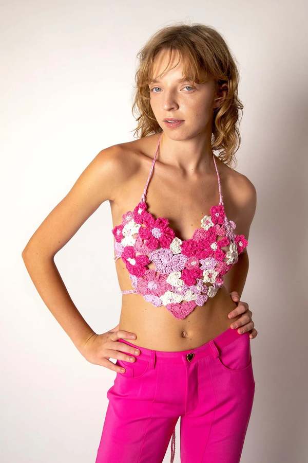 トップス heart crochet knit tops Marco Rambaldi Crochet Heart Top - Fuchsia | Garmentory