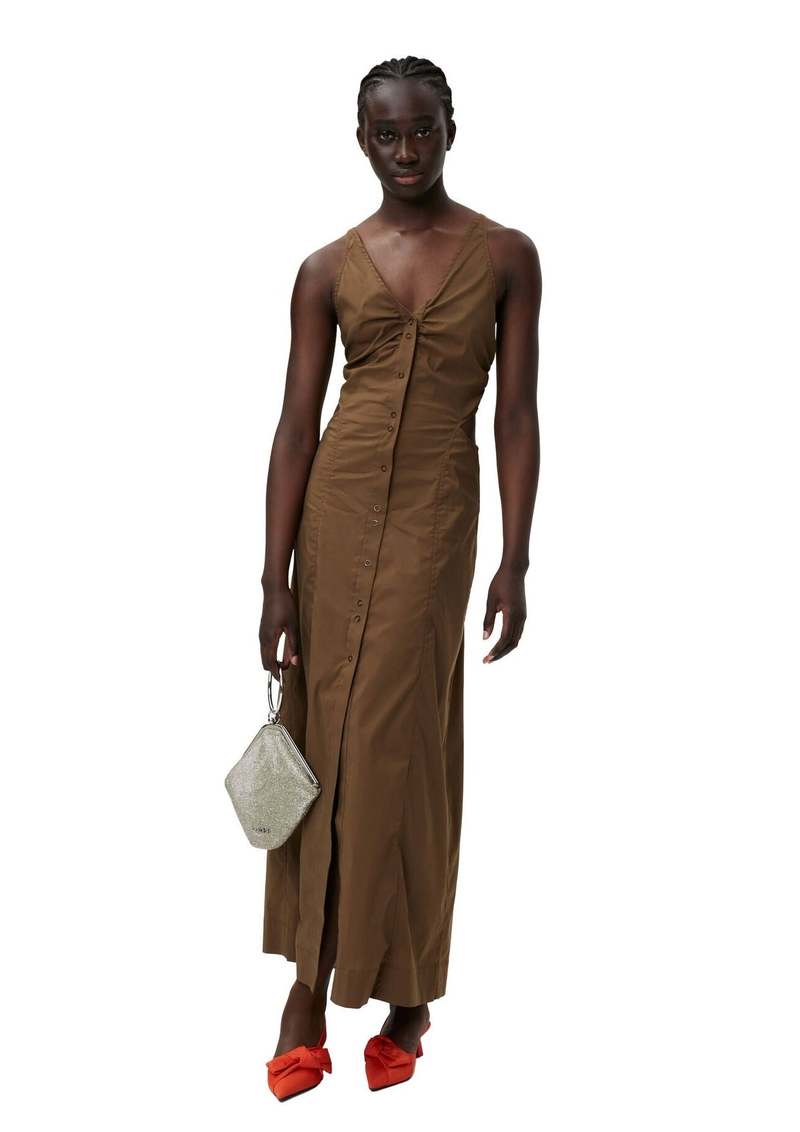 ★Ganni★ Stretch Cotton Dress Teak F7634377 Stretch Cotton Maxi Dress