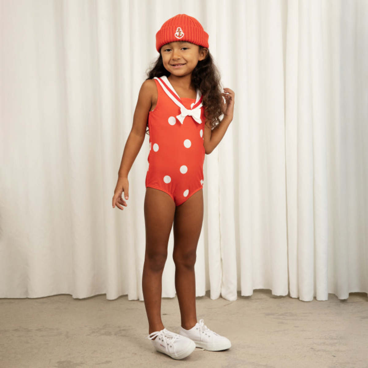 Kids Mini Rodini Sailor Polka Dot Swimsuit - Red | Garmentory