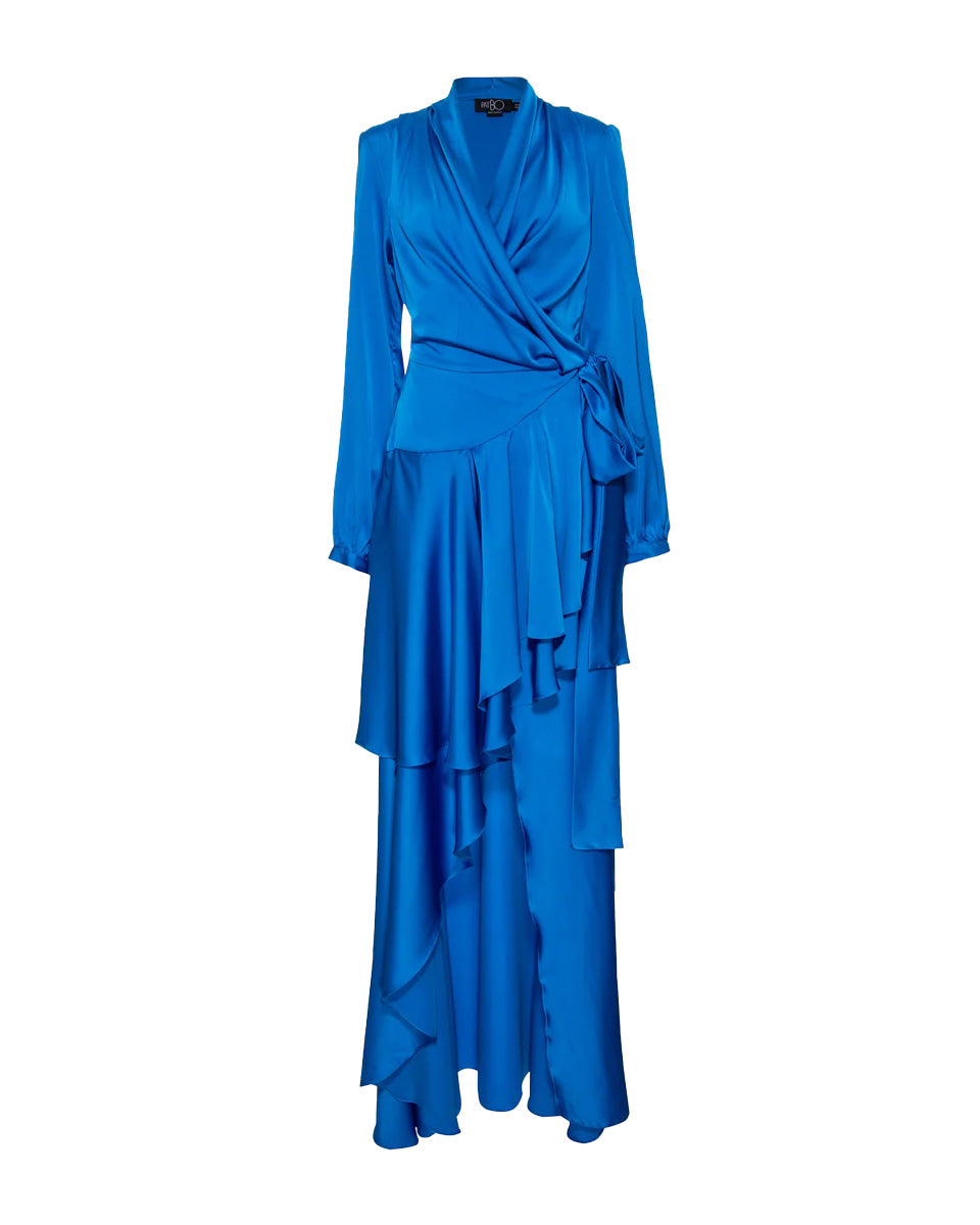chinese dress ladies Blue Wrap Satin Dress With Flutter Sleeves  Dsir Couture