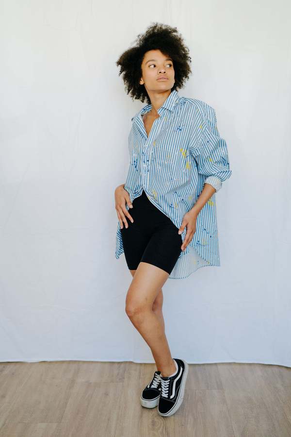 Frank & Eileen Mackenzie Button Up - Blue Stripe/Splatter | Garmentory