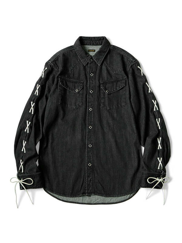 Kapital 8oz black denim lace up western shirt - Black | Garmentory