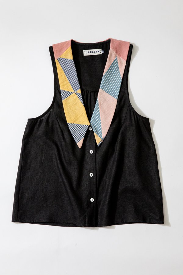 Carleen Lauren Sleeveless Shirt With Quilt Collar - Black | Garmentory