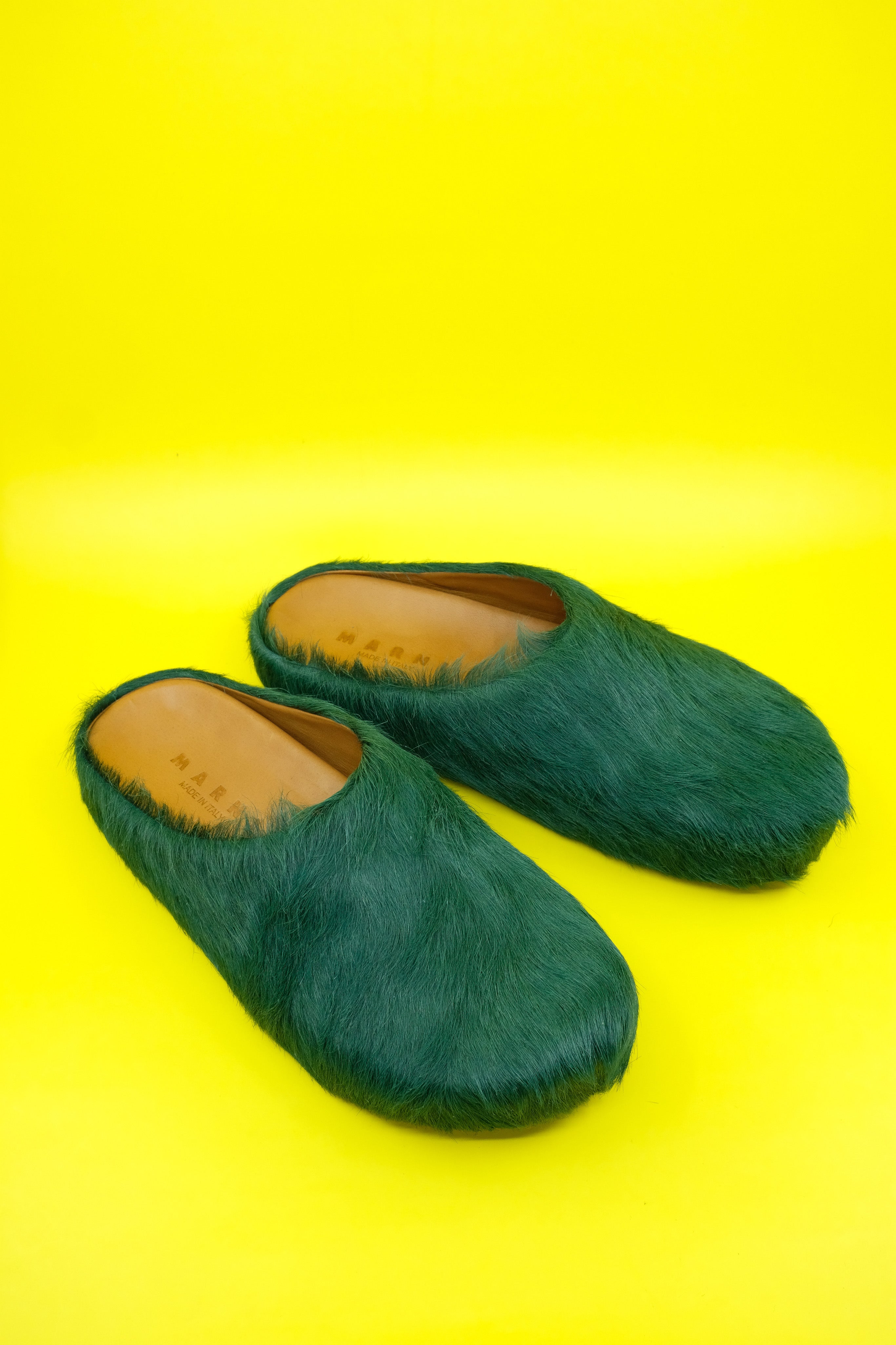 Green Sabots Marni Long Hair Calfskin Fussbett Sabot Slide - Green | Garmentory