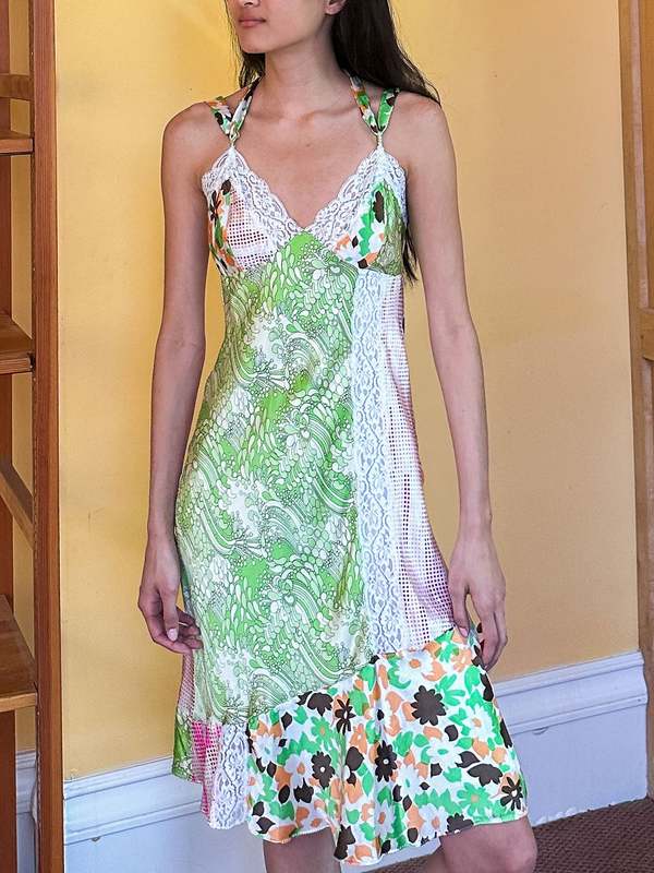 Collage Silk Dress - Green Floral | Garmentory