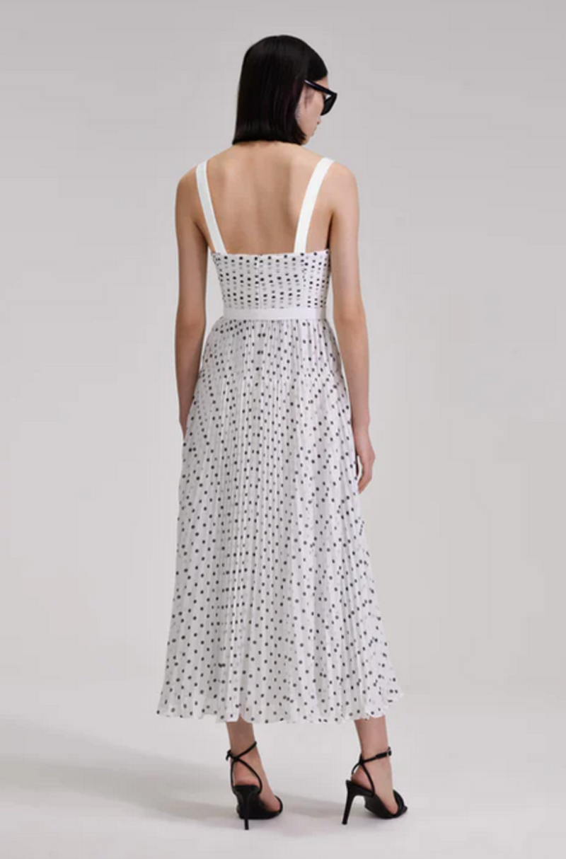 Self-Portrait Polka Dot Chiffon Midi Dress - White/Black | Garmentory