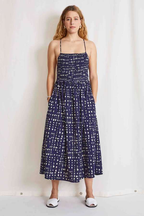 apiece apart evora spaghetti maxi dress in stamped plaid navy Siempre Tank Maxi Hill's Dry Goods