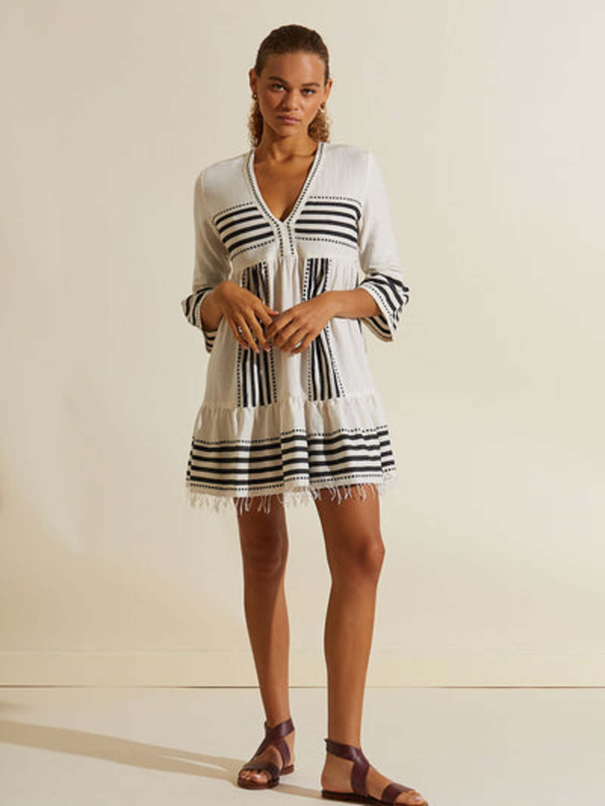 open lace back dress Lemlem Women's Alem Hand Woven Short Plunge V Neck Dress in Nunu Navy