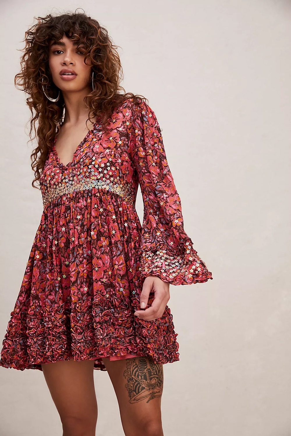 Kristall berry red floral print bell sleeve mini clearance dress free people