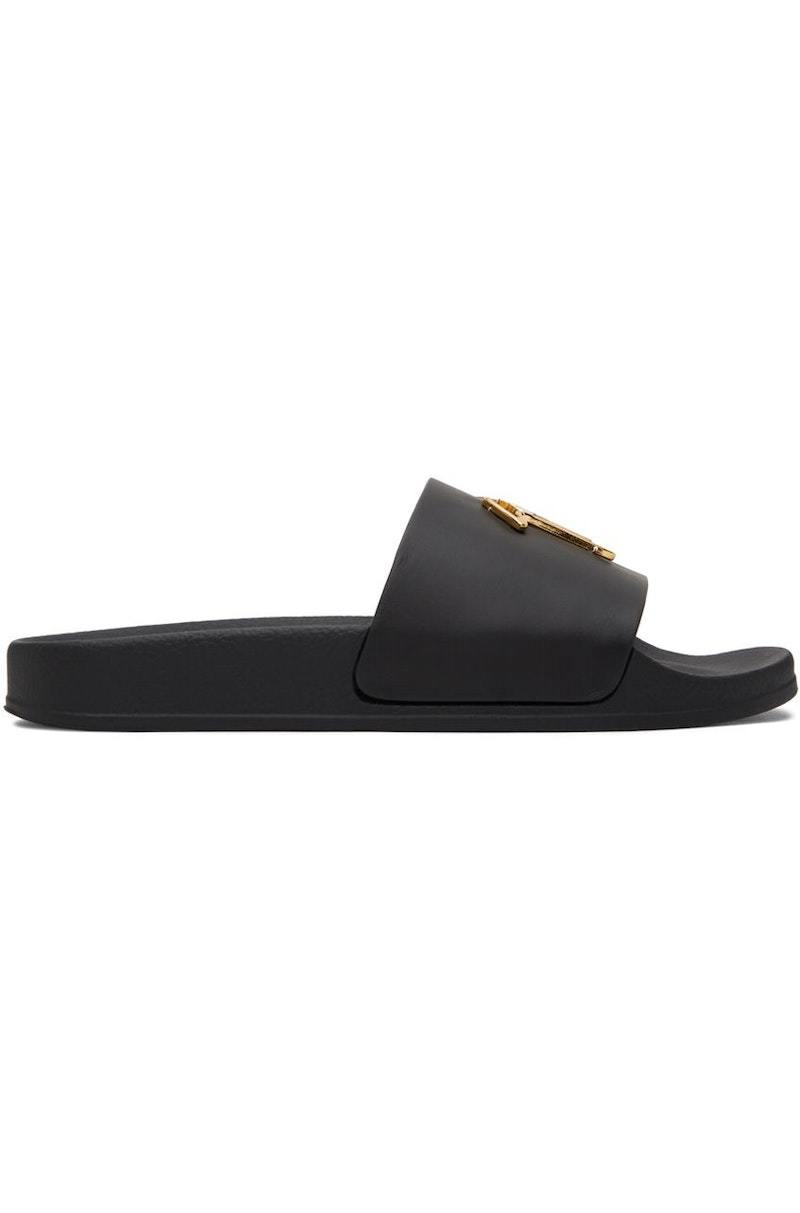 Giuseppe Zanotti Brett black leather Slide Sandal With gold Logo size 42 Giuseppe Zanotti Gold Logo Slide Sandals Giuseppe Zanotti main image 2