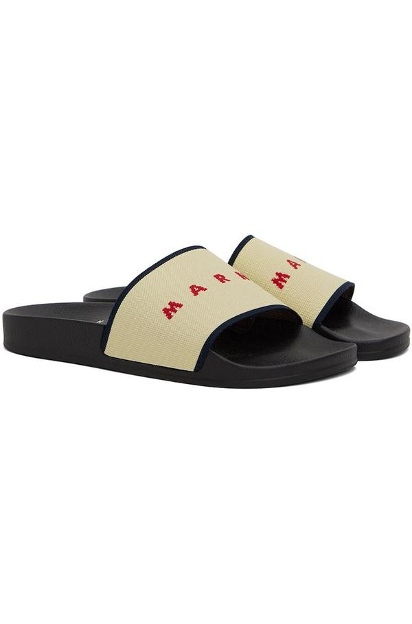 Marni Beige Jacquard Slides - Ecru/Blublack/Red | Garmentory
