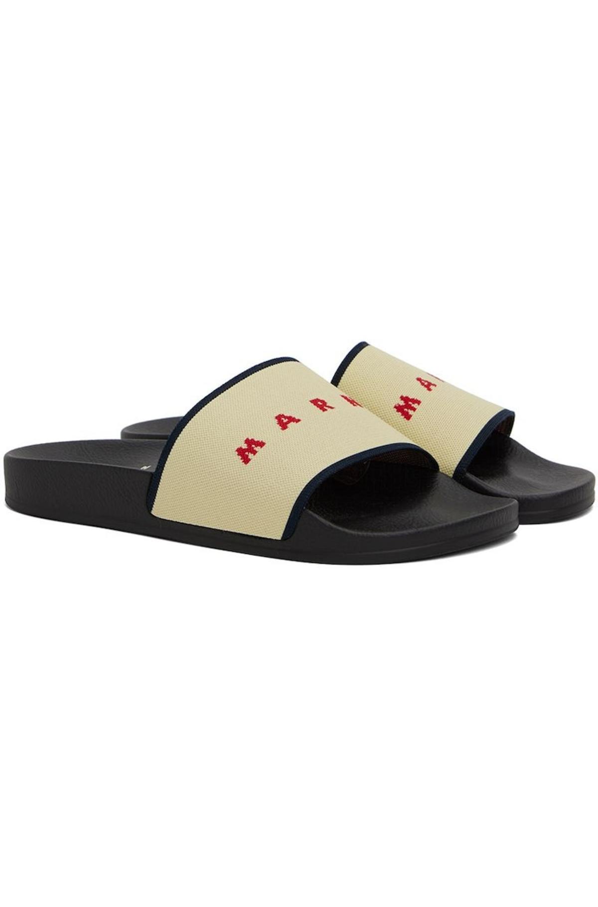 Marni Beige Jacquard Slides - Ecru/Blublack/Red | Garmentory
