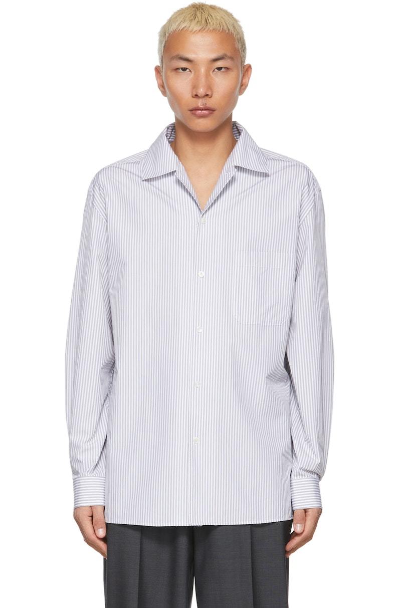 LEMAIRE Stripe Convertible Collar Shirt - White | Garmentory 
