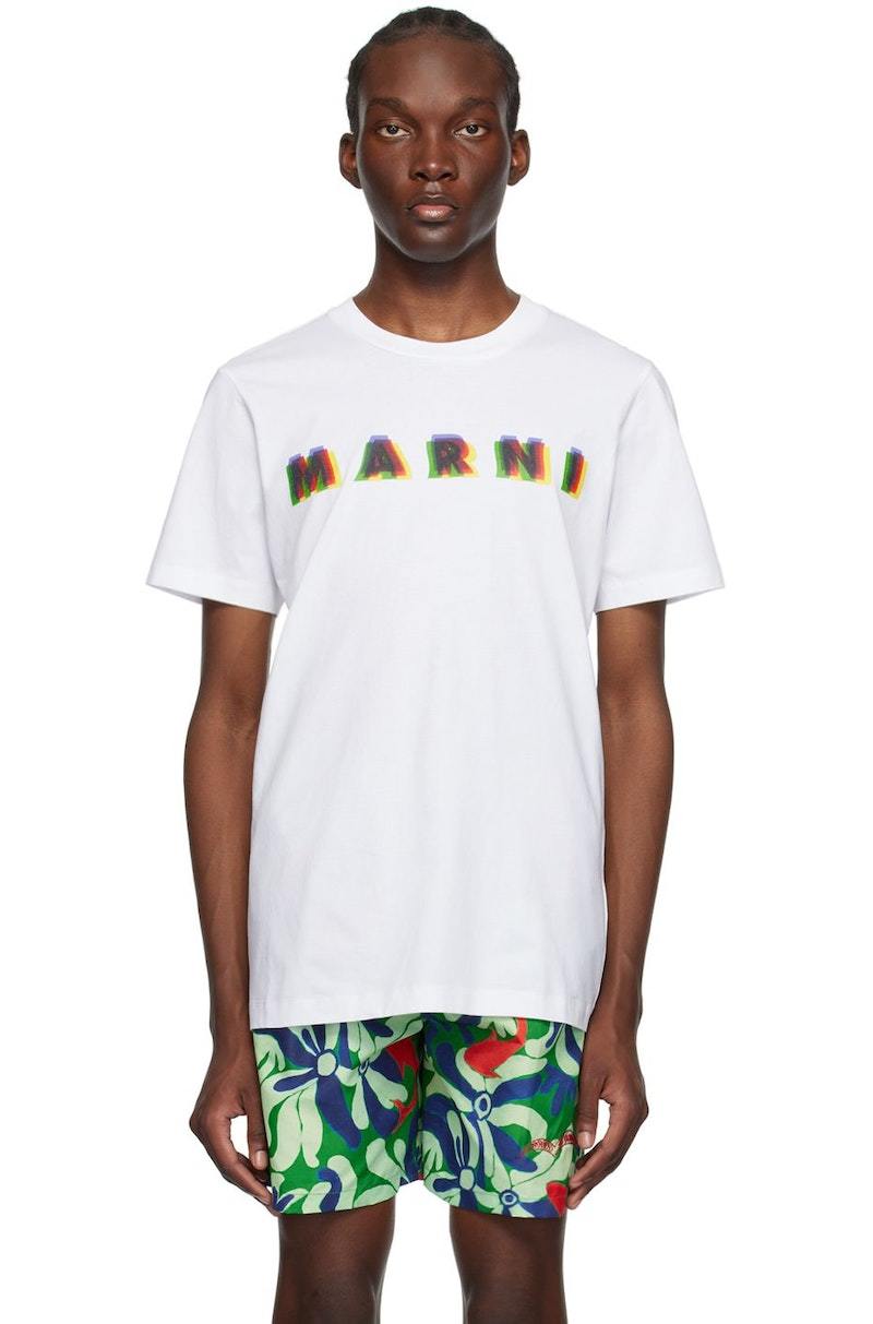 ★MARNI★ Floral Print Logo Short Sleeve T-Shirt Lily White Marni White Printed T-Shirt - Lily White | Garmentory
