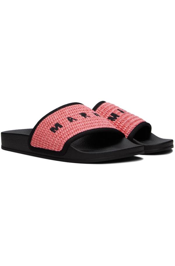 Marni Pink Raffia Logo Slides Fuchsia fluo/Black Garmentory