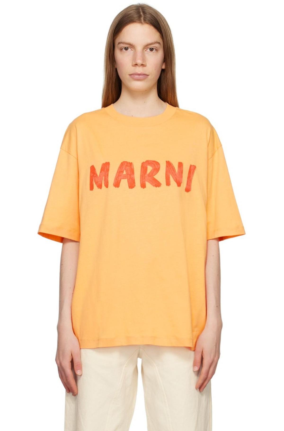 【MARNI】Logo Print Short Sleeve T-Shirt Orange Marni Printed T-Shirt - Orange | Garmentory