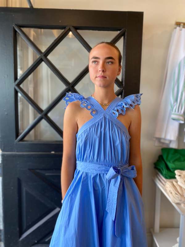En Saison Embroidered Ruffle Sleeve Midi Dress - Blue