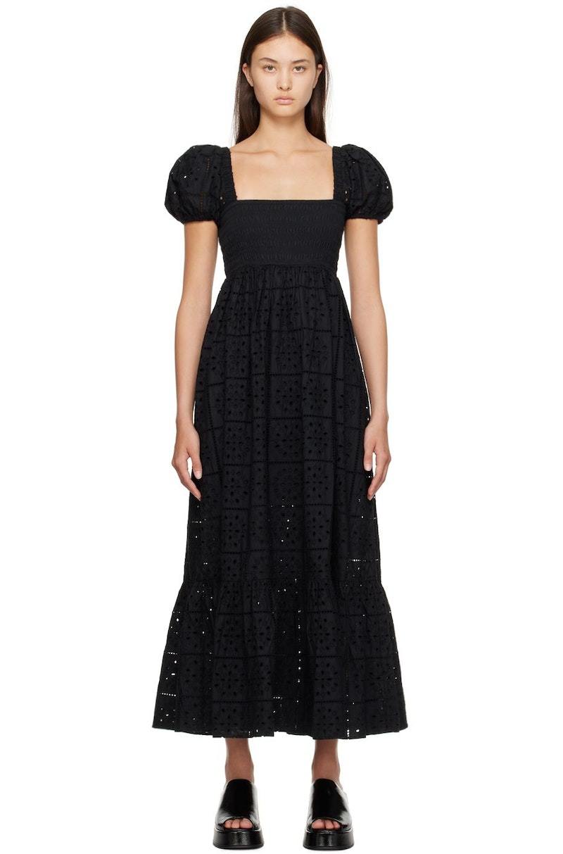 GANNI Broderie Anglaise Maxi Dress - Black | Garmentory