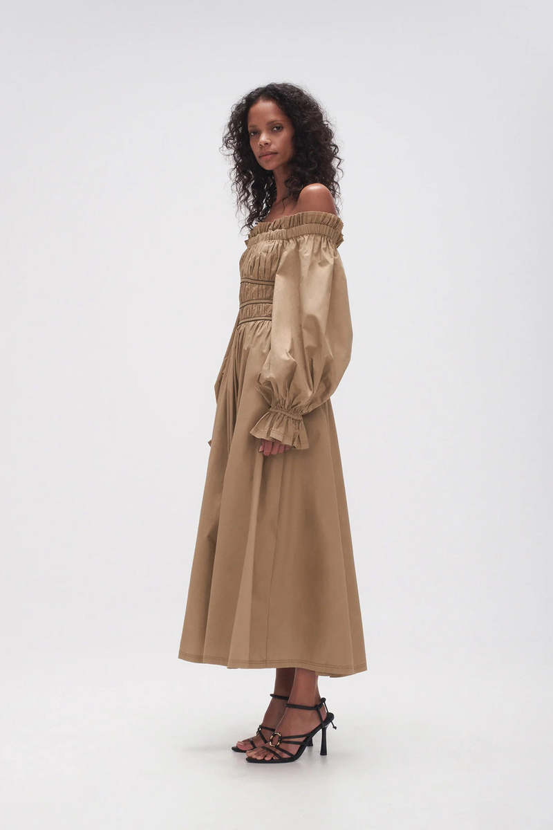 Aje Wattle Off-Shoulder Midi Dress - Beige | Garmentory Aje Wattle Off-Shoulder Midi Dress - Beige | Garmentory