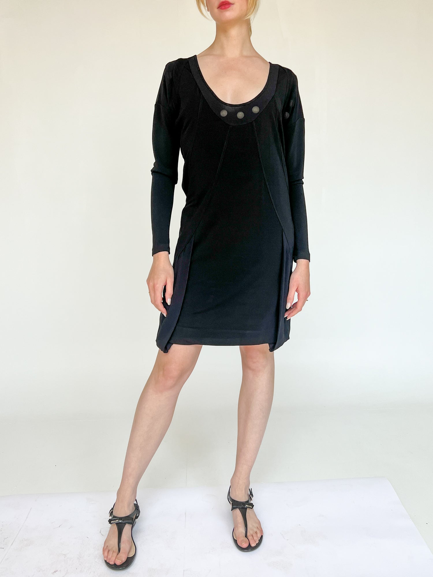 knee length dresses for ladies Elwyn Bardot Mini Dress in Slinky Black , Asymmetric , Long Sleeve main image 0
