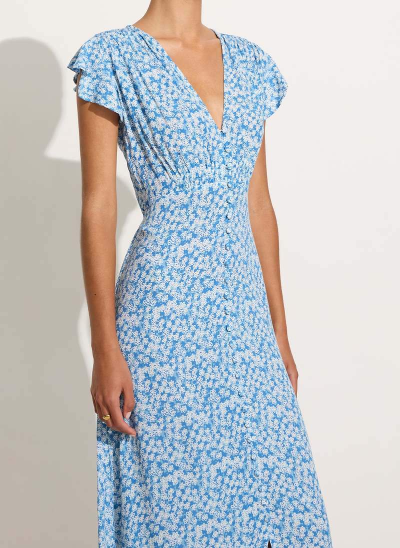 faithfull the brand blue floral dress Faithfull The Brand Floral Puff Sleeve Midi Dress Small Blue Cotton Sh –  Luxe Fashion Finds main image 1
