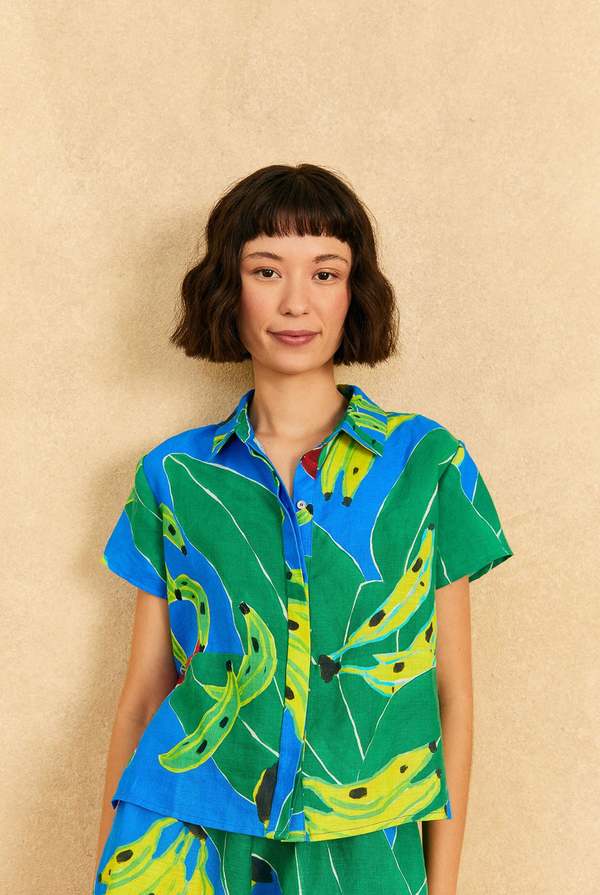 Cotton Short Sleeve Jack Shirt - Banana Leaves