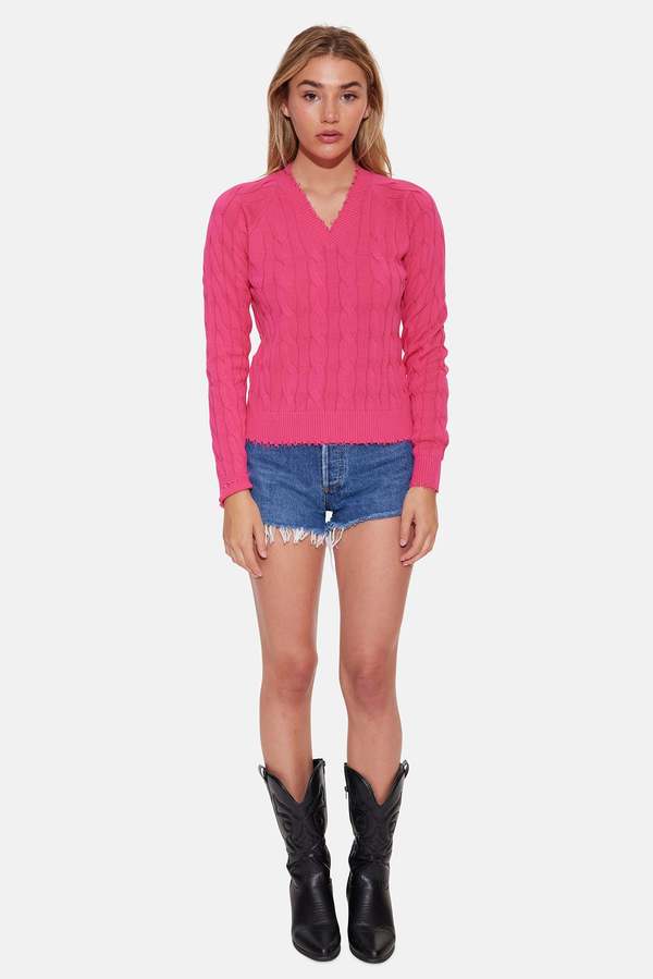 Blue&Cream Amber Cable V Neck Sweater - Beetroot Purple