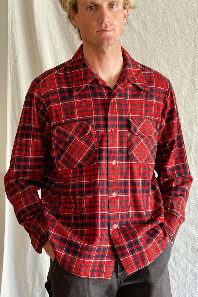 トップス 50' PENDLETON Vintage wool check shirt Vintage 50s Pendleton Loop Collar Shadow Plaid Wool Button