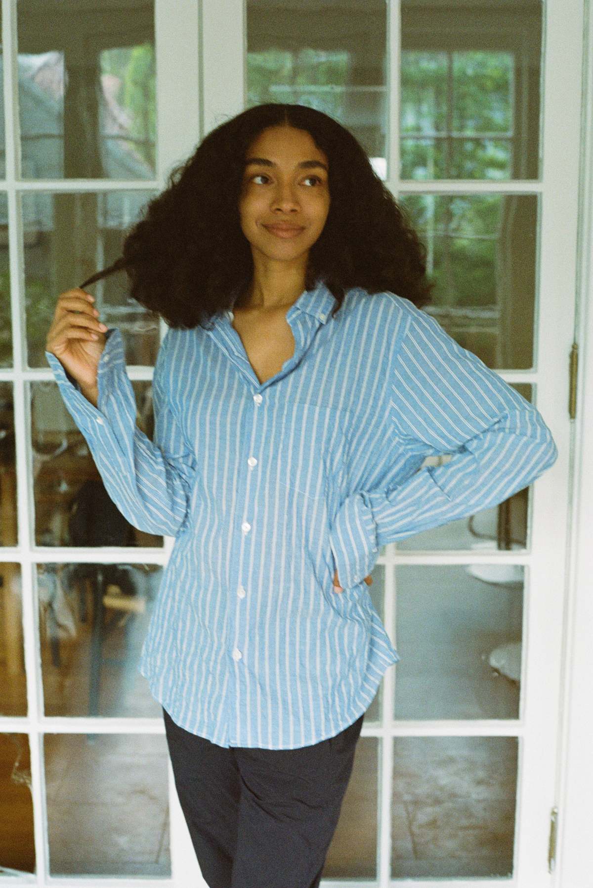 Steven Alan x Clare V Single Needle Shirt - Blue/White Stripe 