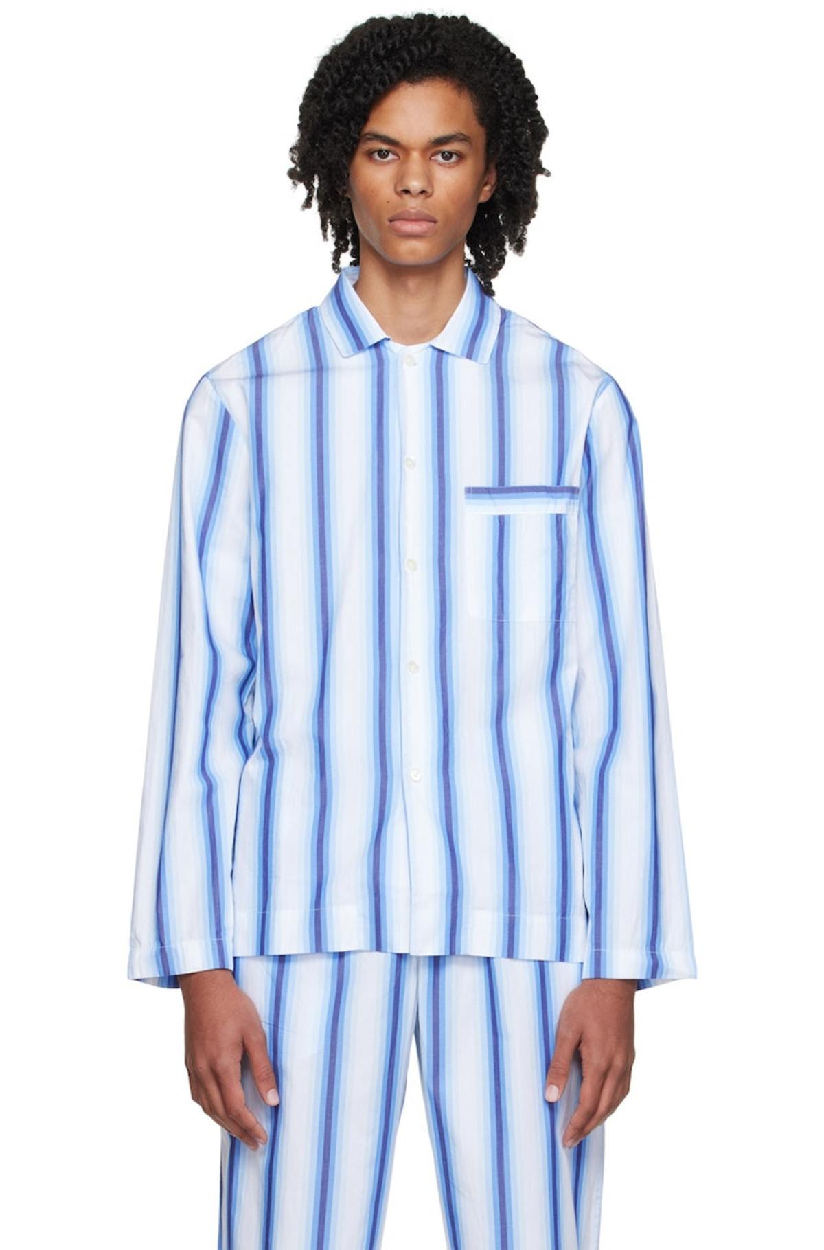 TEKLA Stripe Long Sleeve Pyjama Shirt - Blue | Garmentory