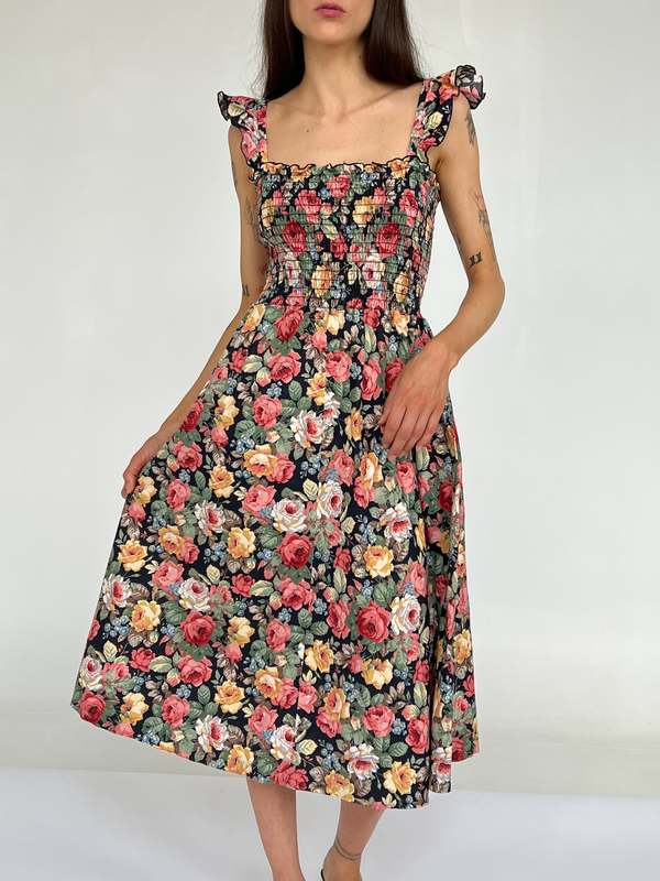 Vintage Shirred Bodice Dress - Roses | Garmentory