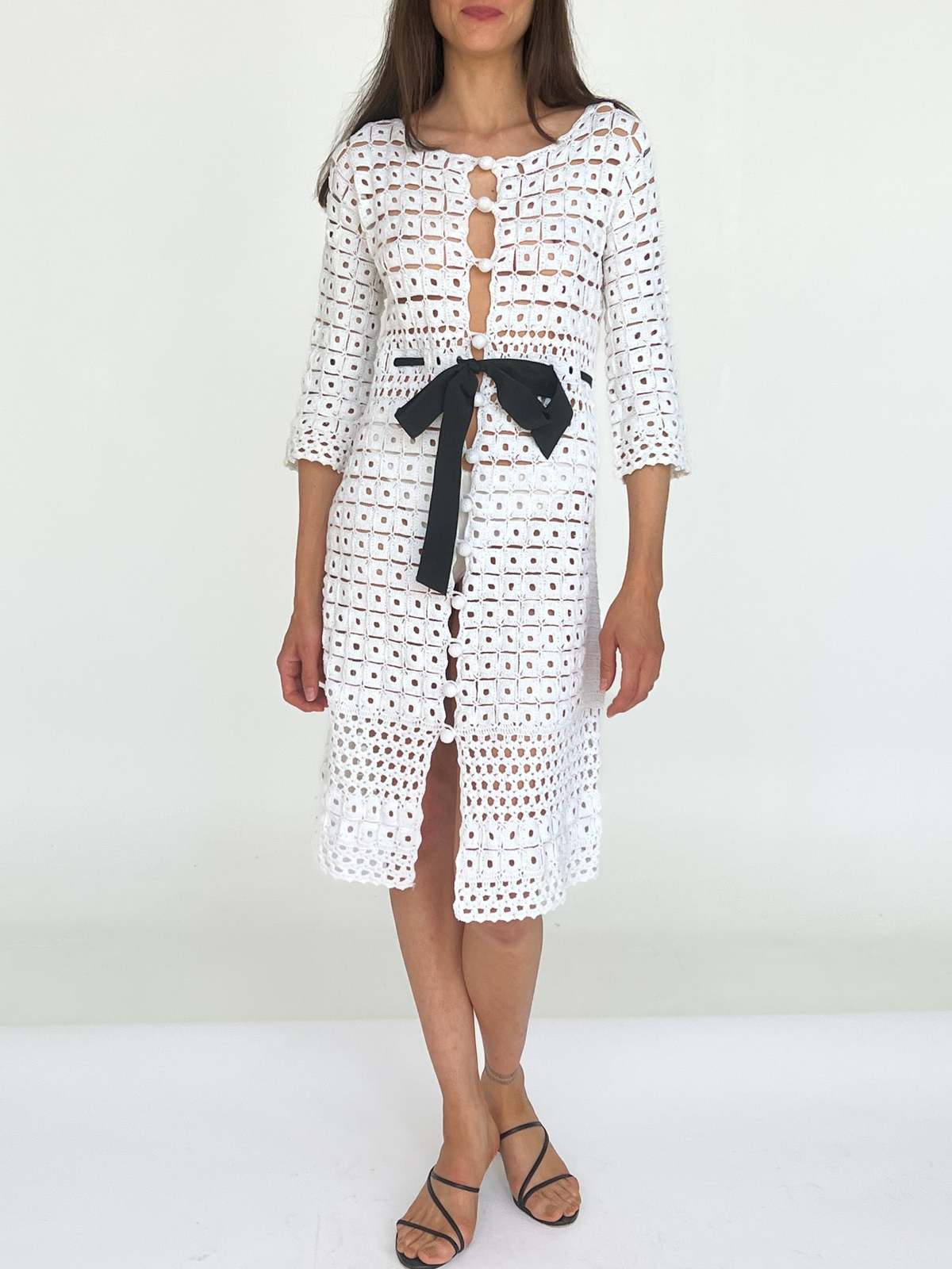 vintage white crochet dress Vintage 1960s White Crochet Lace Empire Waist Dress