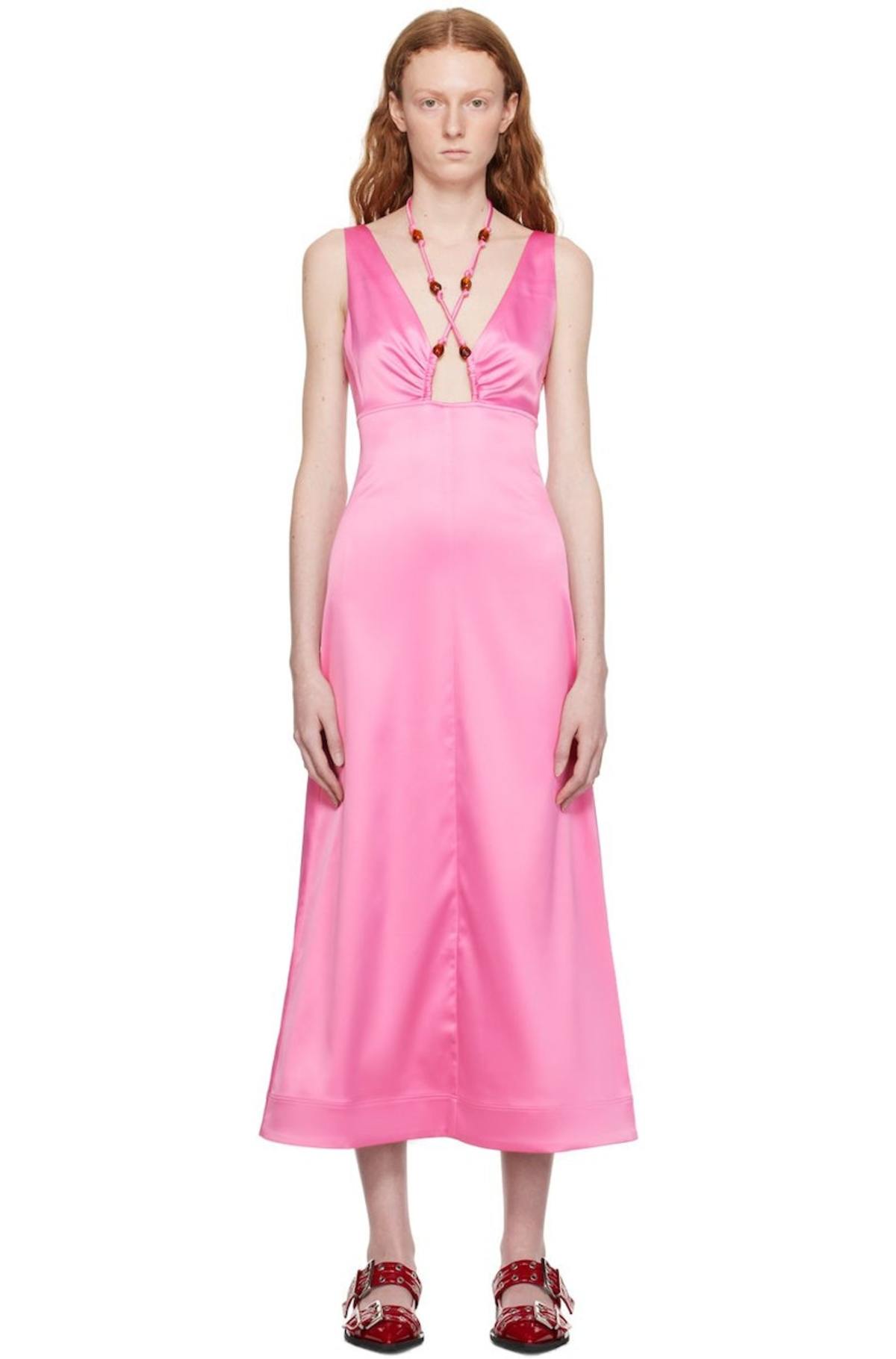 ganni pink silk dress Ganni Double Satin Halter Neck Maxi Dress