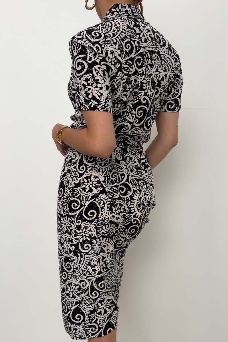 Vintage 90s Silk Short Sleeve Patterned Dress - Black/White | Garmentory