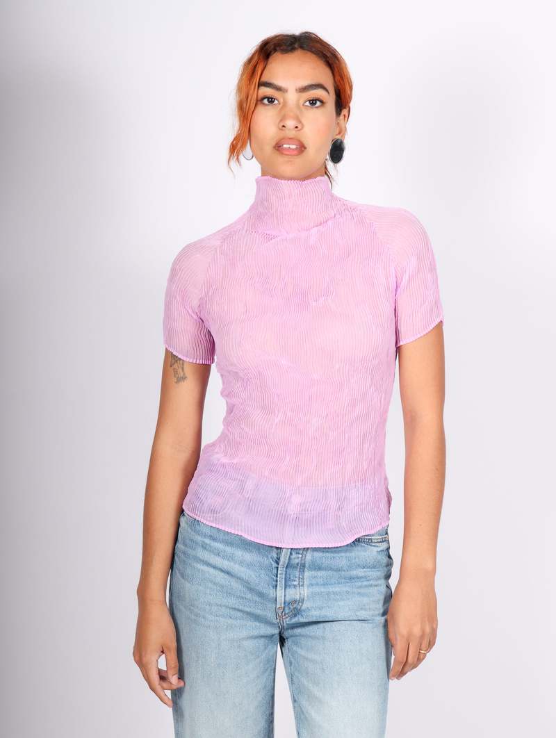 Issey Miyake Chiffon Twist Mockneck Tee - Pink | Garmentory