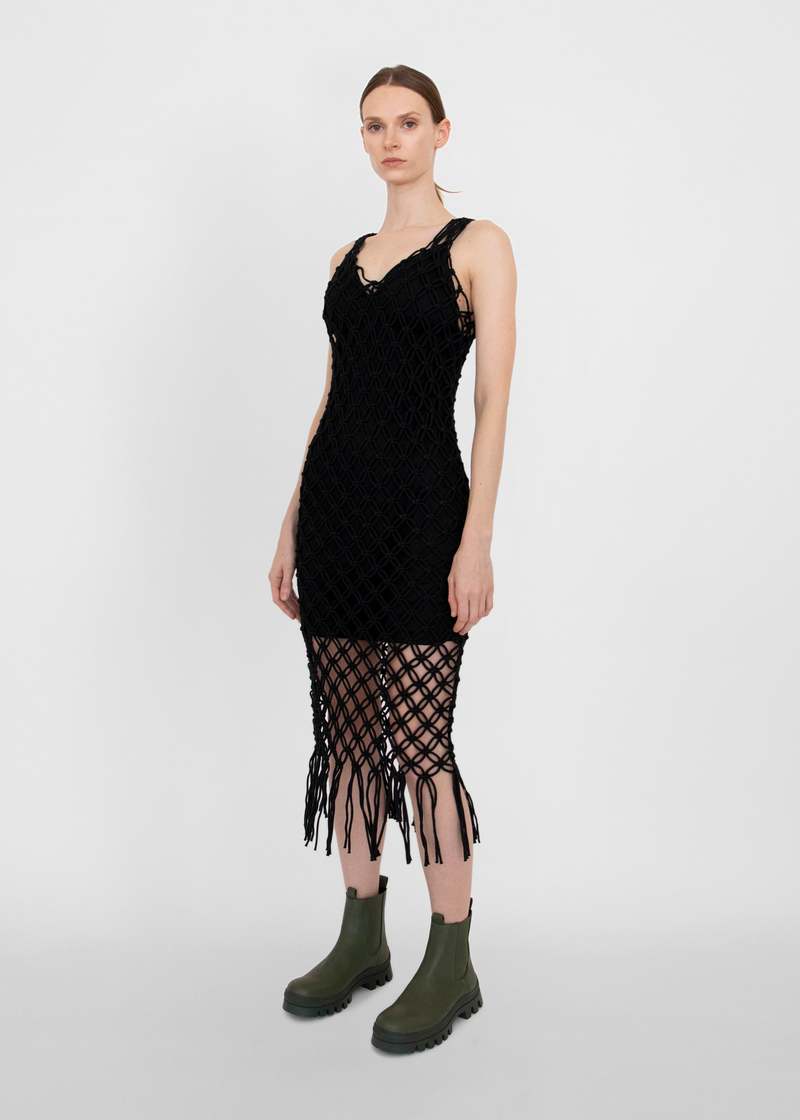 macrame dress black David Koma Black Butterfly Macrame Pencil Midi Dress 12 / Black