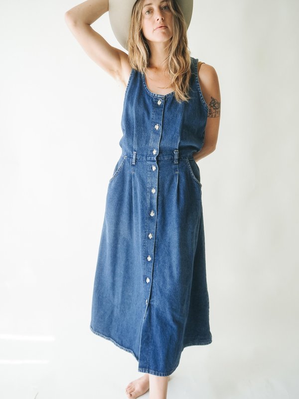 knee length dresses for ladies Patch Pocket Denim Dungaree Dress main image 0