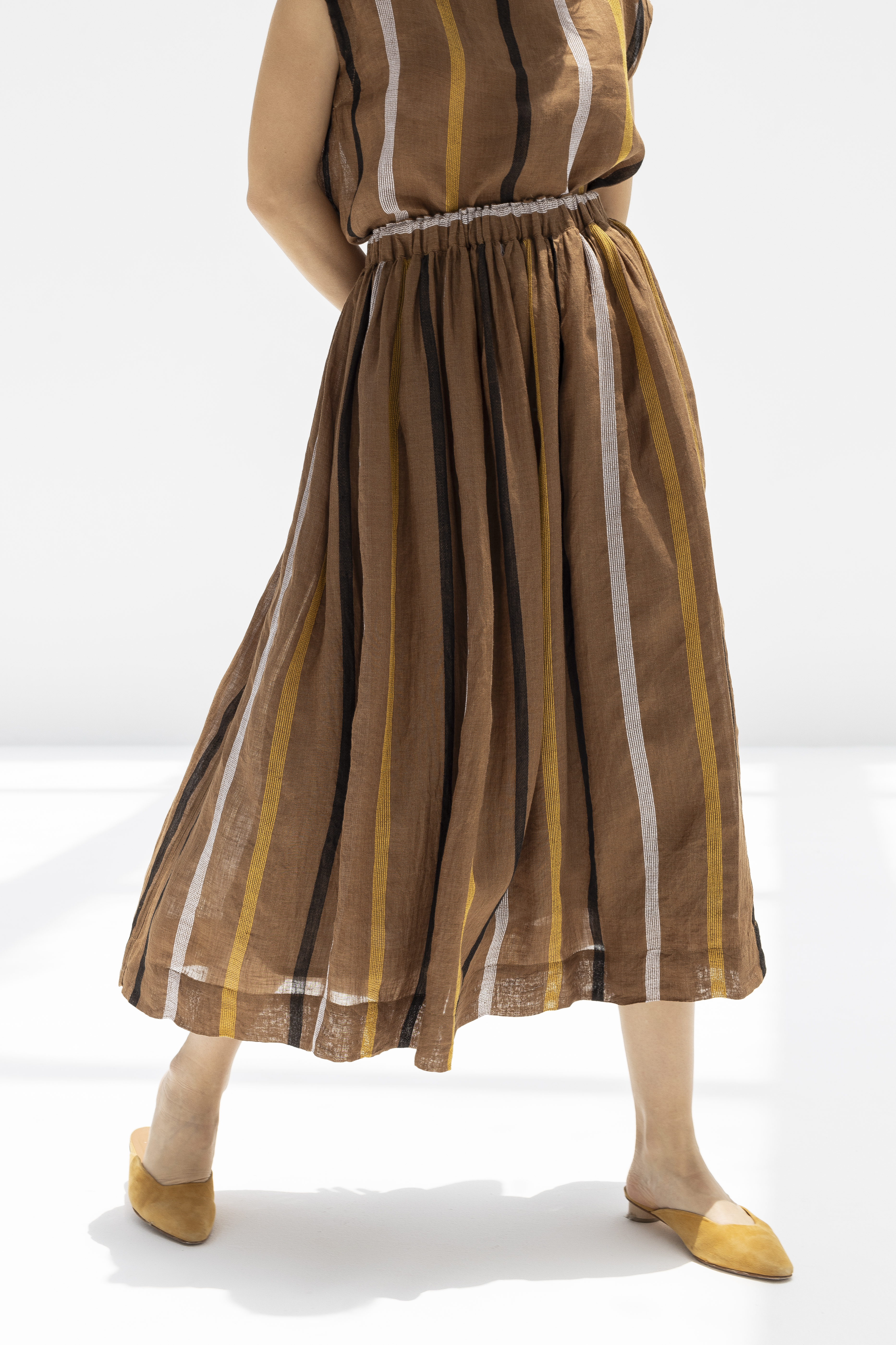 Ichi Antiquites Linen Dobby Stripe Skirt - Brown | Garmentory