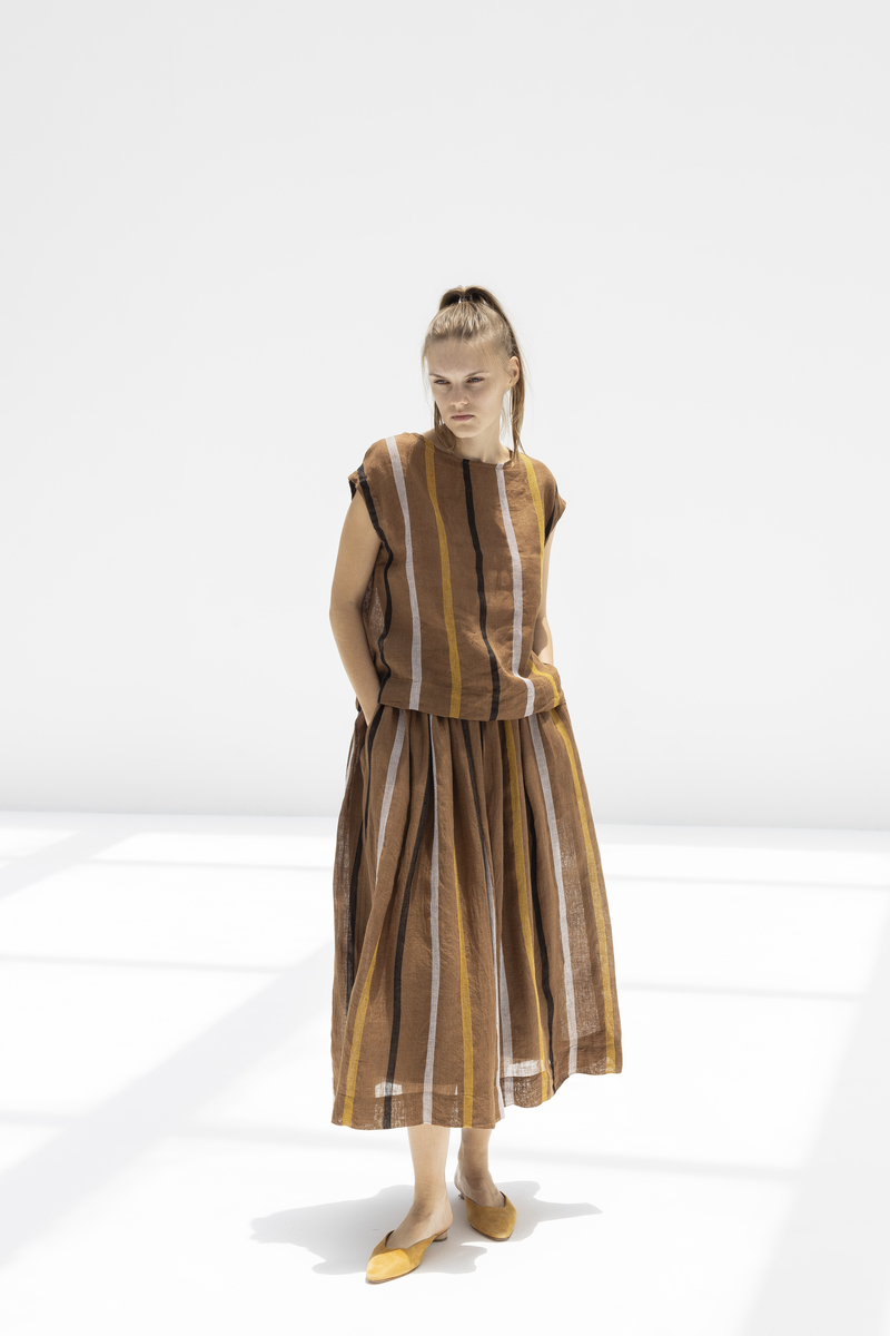 最終　ICHI Antiquités / DOBBY STRIPE SKIRT Ichi Antiquites Linen Dobby Stripe Skirt - Brown | Garmentory