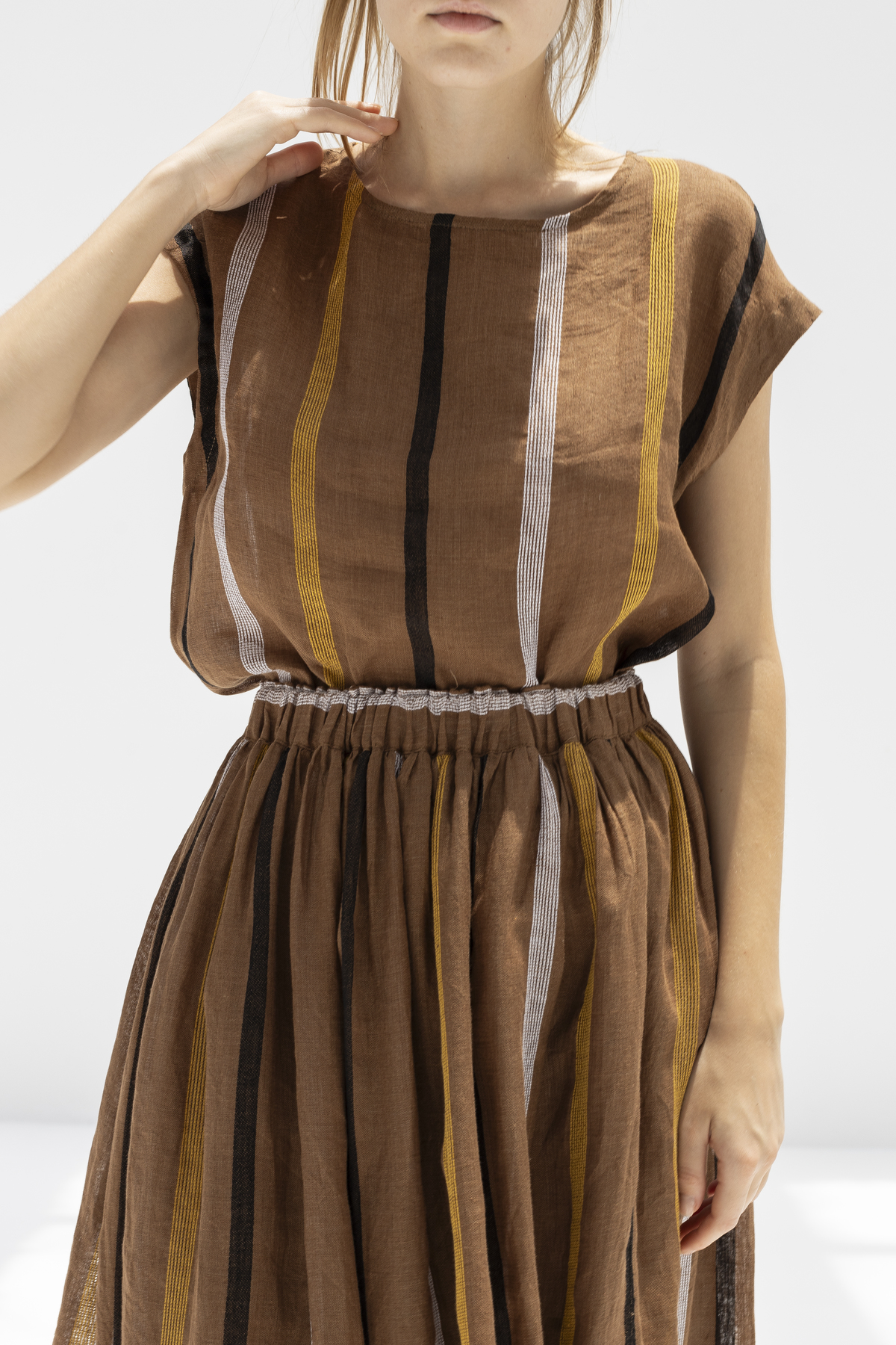 Ichi Antiquites Linen Dobby Stripe Skirt - Brown | Garmentory