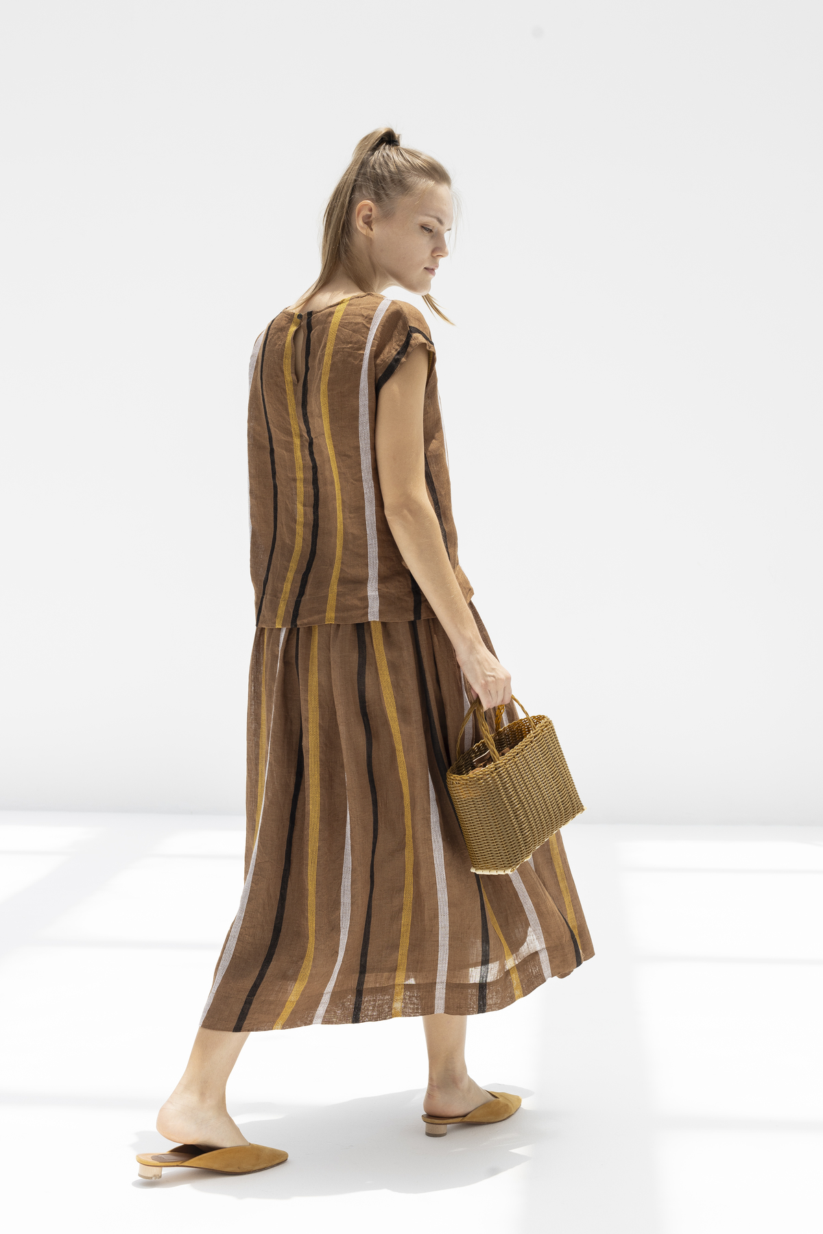 Ichi Antiquites Linen Dobby Stripe Skirt - Brown | Garmentory