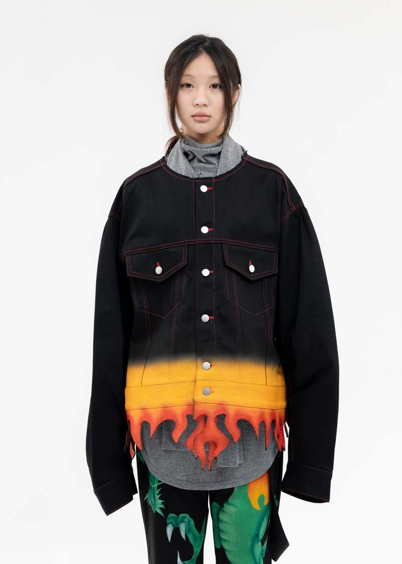 TENDER PERSON FLAME HEM DENIM JACKET - BLACK | Garmentory