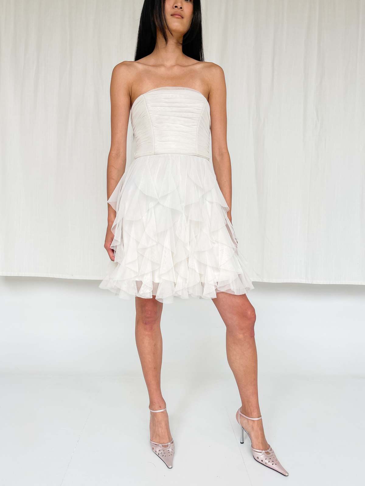 Mesh Layer Ruched Dress - White | Garmentory
